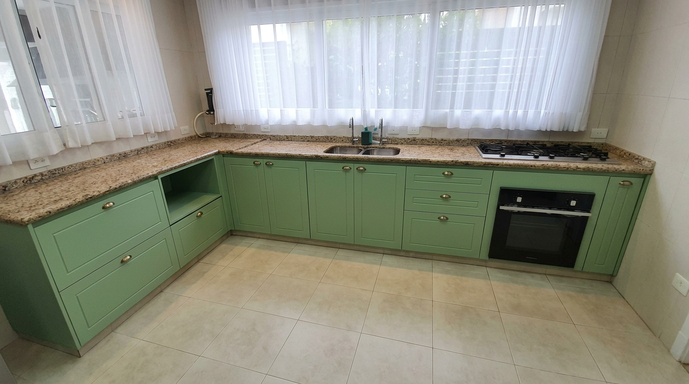 Cozinha completa com armários em verde profundo, em fase de acabamento