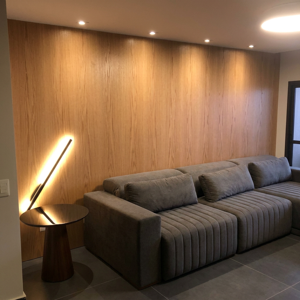 Painel ripado com iluminação linear embutida em sala de home theater