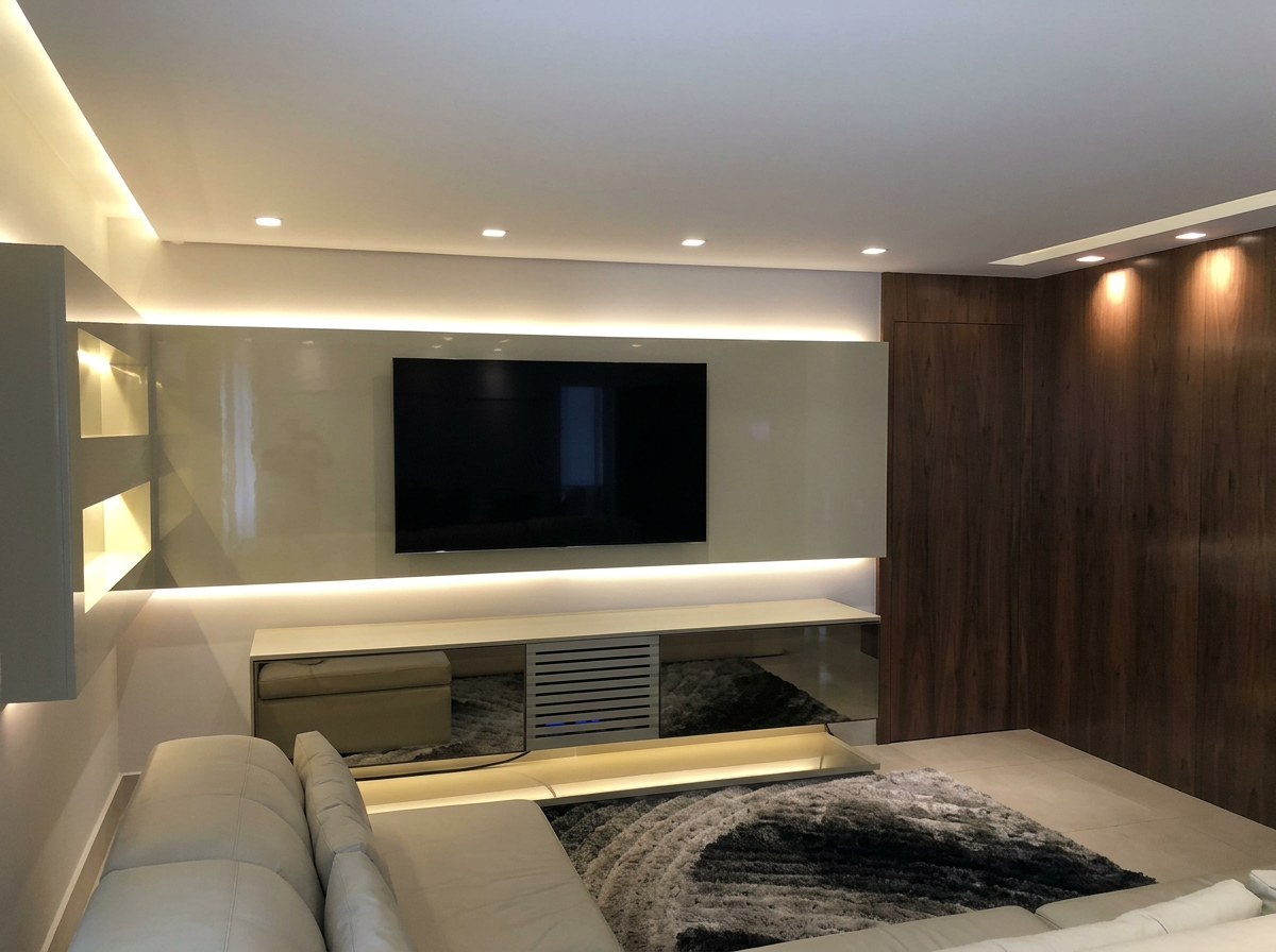 Painel de TV em madeira escura com nicho iluminado